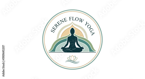 Serene Flow Yoga Logo: Silhouette of Woman Meditating with Lotus and Rainbow Arch