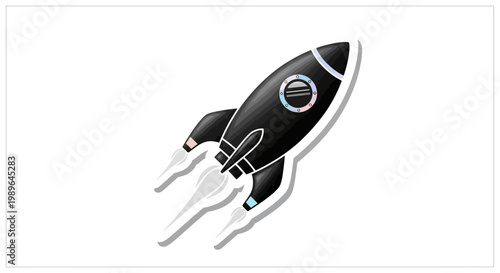 Black rocket ship launching into space, cartoon style, with smoke trails and colorful logo
