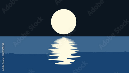 Serene Moonlit Ocean Reflection, Calm Night Sky with Full Moon