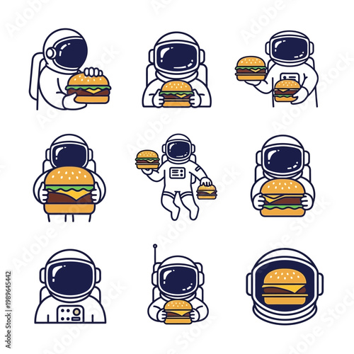 Astronauts eating burgers in space, funny pixel art collection