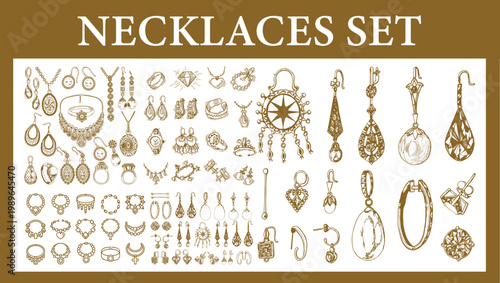 Vintage Jewelry Collection Vector Set: Hand-Drawn Sketch of Elegant Earrings, Necklaces, and Pendants – Antique Boho Style Bijouterie and Filigree Accessories for Fashion Branding and Luxury Design