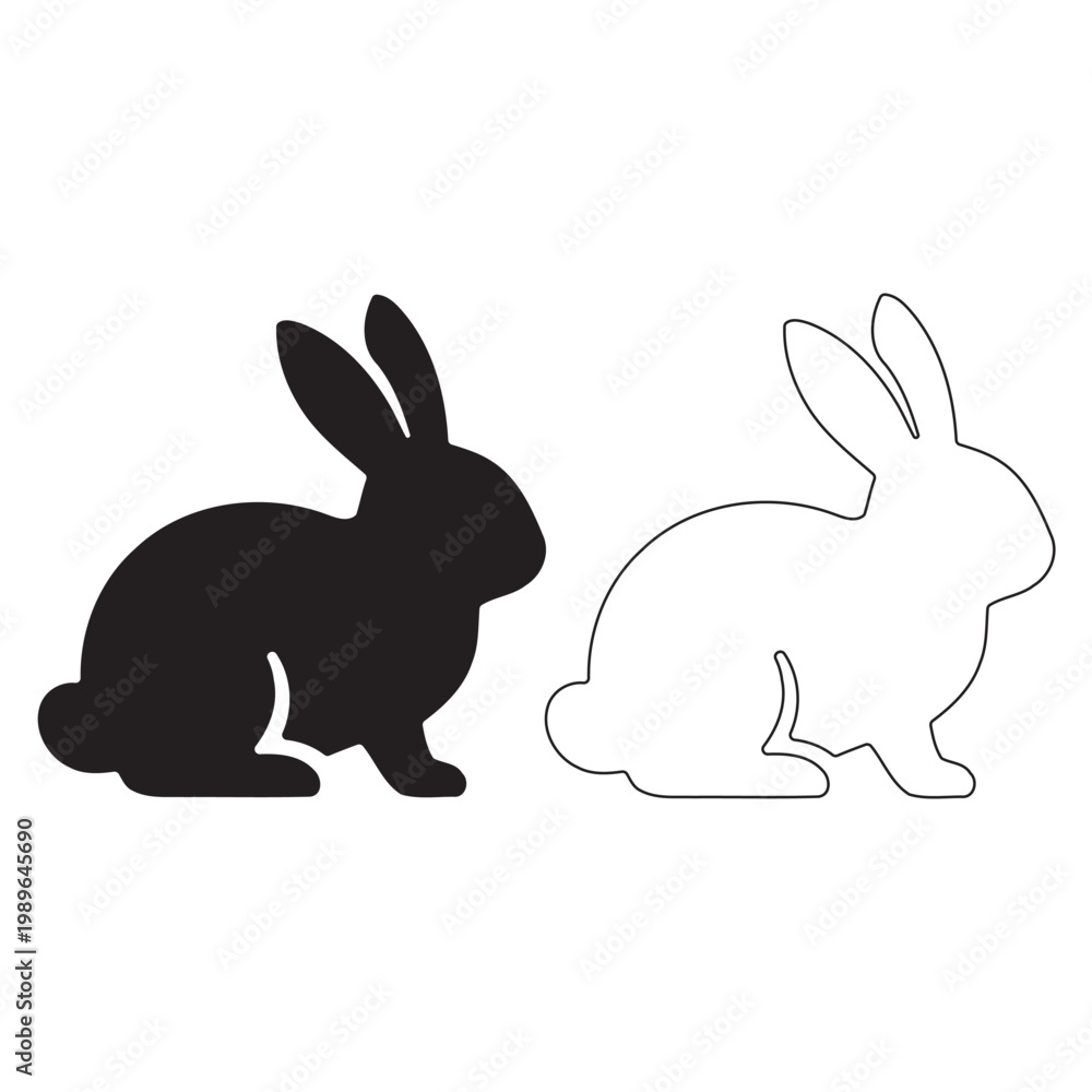 Fototapeta premium Silhouette and outline of a sitting rabbit on white background, keywords: rabbit, bunny, animal