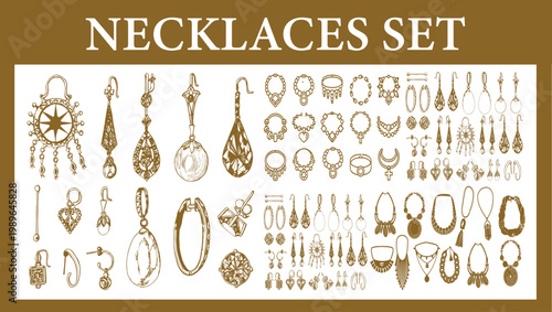 Vintage Jewelry Collection Vector Set: Hand-Drawn Sketch of Elegant Earrings, Necklaces, and Pendants – Antique Boho Style Bijouterie and Filigree Accessories for Fashion Branding and Luxury Design