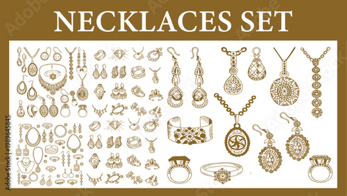 Vintage Jewelry Collection Vector Set: Hand-Drawn Sketch of Elegant Earrings, Necklaces, and Pendants – Antique Boho Style Bijouterie and Filigree Accessories for Fashion Branding and Luxury Design