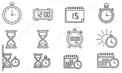 Collection of timekeeping devices a variety of clocks watches calendars and hourglasses in black and white