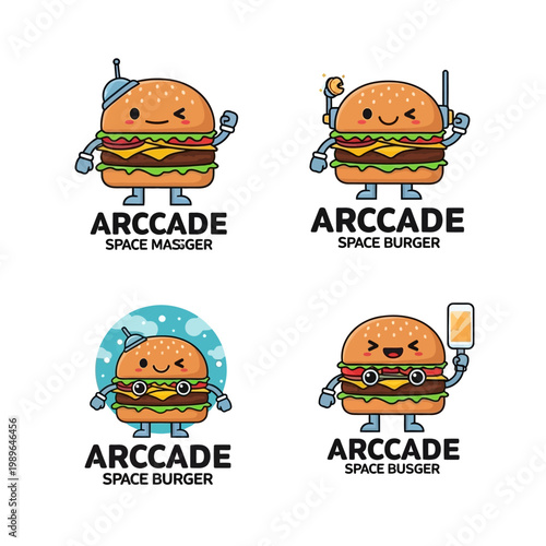 Cute cartoon burgers in space, characters with robot arms and antennas, fun food design