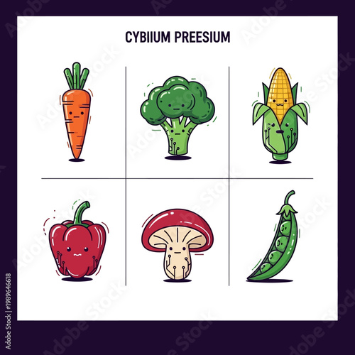 Cute Cartoon Vegetables with Tech Circuitry - Carrot, Broccoli, Corn, Pepper, Mushroom, Pea