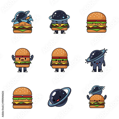 Cute Cartoon Space Burgers with Planets and Aliens - Collection