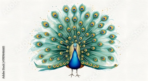 Graceful peacock with fully spread tail painted in delicate watercolor style