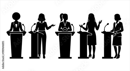 Female Speakers at Podiums Giving Speeches Silhouettes