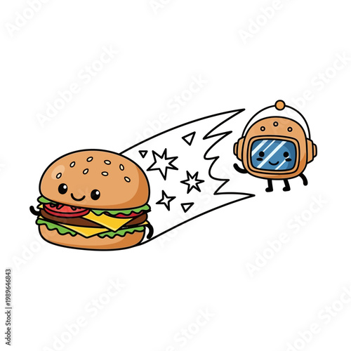 Cute hamburger character chasing astronaut character in space, cartoon style