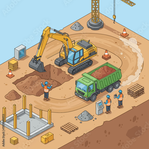 Isometric view of a construction site with an excavator digging a hole and a dump truck loading dirt, alongside building foundations and workers.