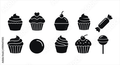 Collection of sweet dessert treats and candies in silhouette icon style for design