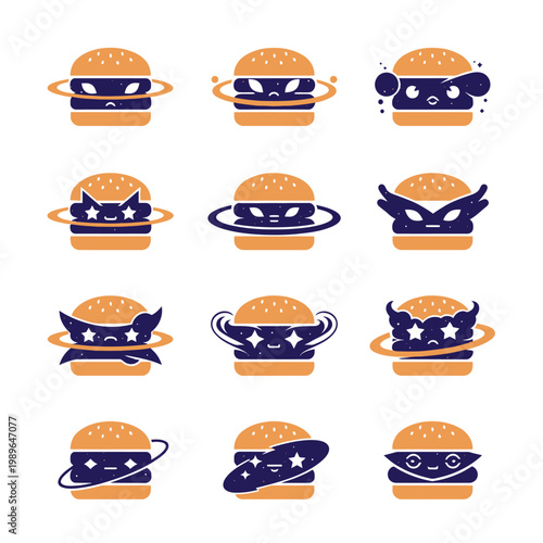Cute Kawaii Burger Characters with Space Orbits and Masks