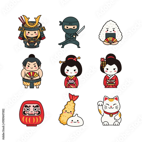 Cute Japanese Culture Icons: Samurai, Ninja, Geisha, Sumo, Daruma, Maneki Neko