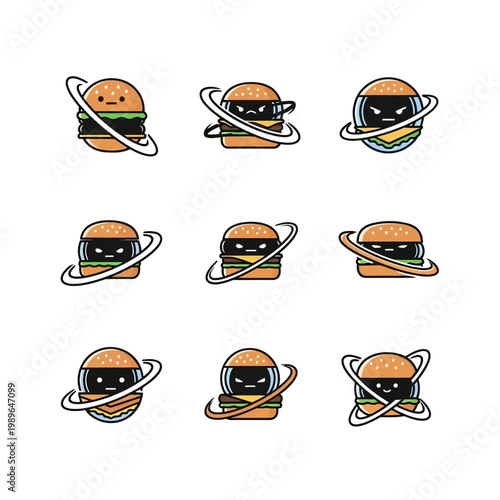Cute Kawaii Burger Planets with Rings, Vector Icons Set