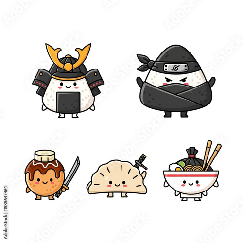 Cute Kawaii Japanese Food Characters: Samurai Onigiri, Ninja, Takoyaki, Gyoza, Ramen
