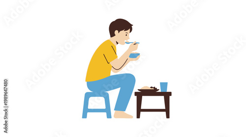 Man sitting on stool eating bowl.