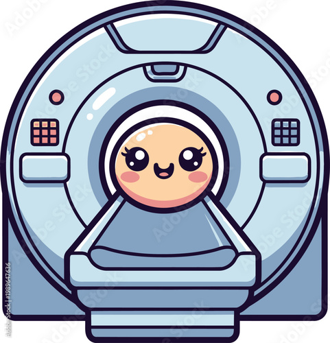 Cute vector illustration of a happy cartoon patient undergoing a medical diagnostic scan inside a modern medical imaging machine. This graphic design features a friendly character receiving a radiolog