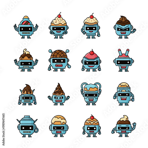 Cute Kawaii Robots Ice Cream Cupcake Characters Set