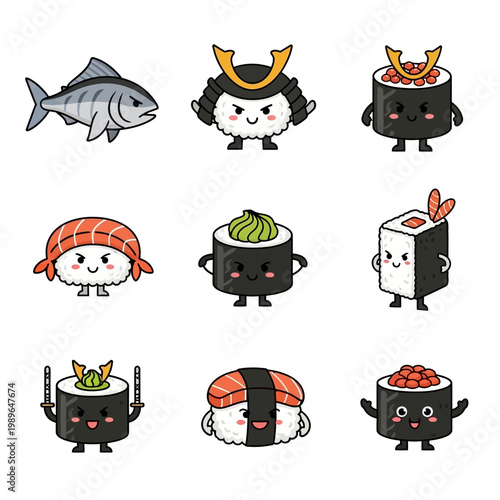 Cute Kawaii Sushi Characters with Samurai Warrior Fish and Food