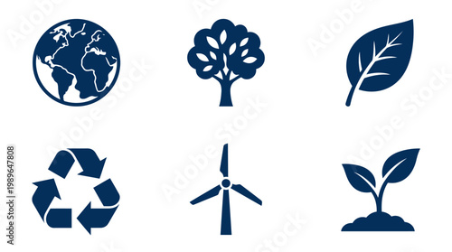 Collection of eco-friendly icons representing Earth, trees, leaves, recycling, wind energy, and growth