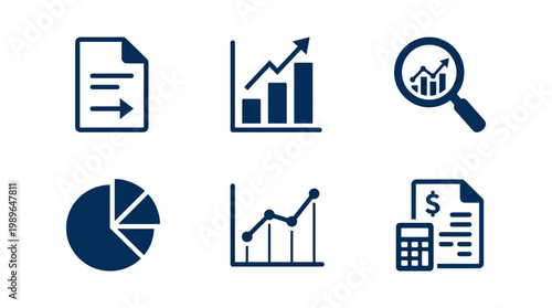 Collection of finance and analytics icons representing growth, analysis, and data visualization