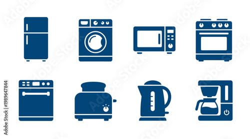 Collection of kitchen appliances including refrigerator, washing machine, microwave, and oven