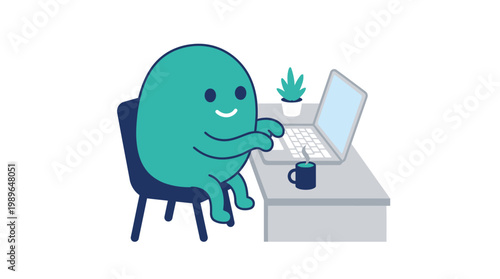 Teal character sitting at desk with laptop.