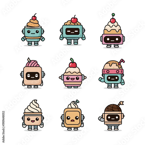 Cute Robot Ice Cream Characters Set - Kawaii Dessert Androids