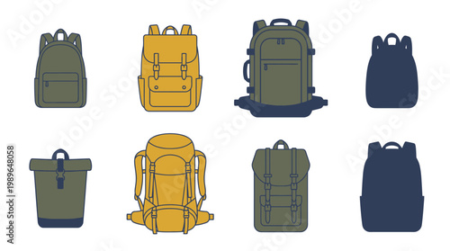 Collection of various colored backpacks.