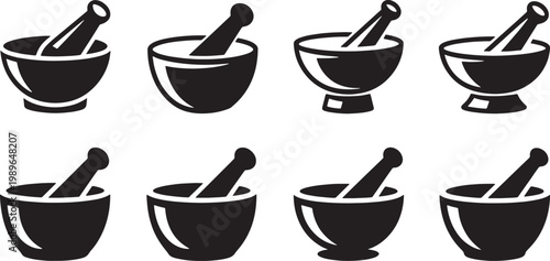 Collection of eight black and white mortar and pestle with variations in bowl shape and pestle angle