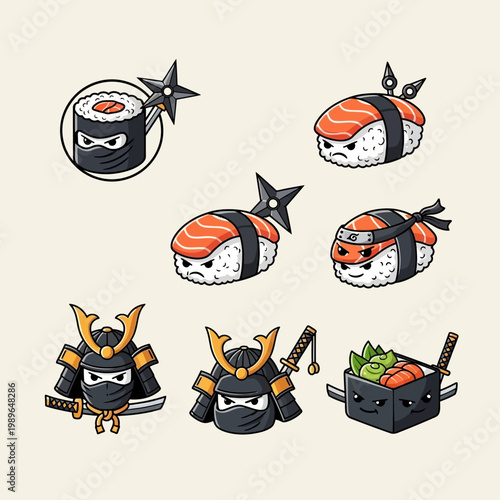 Cute Sushi Ninja & Samurai Characters with Shuriken and Katana