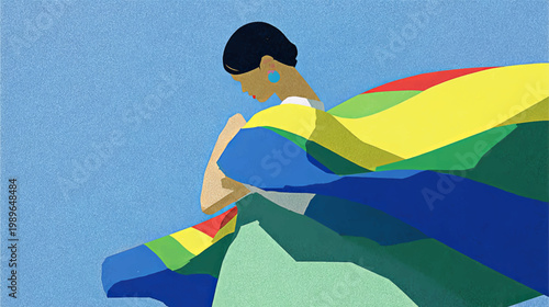 Abstract woman with flowing rainbow fabric in textured cutout style, modern LGBTQ pride illustration expressing identity, diversity, and emotional empowerment