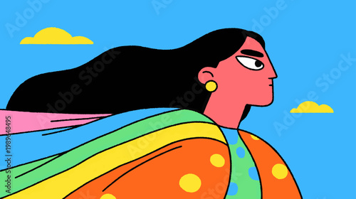 Whimsical cartoon woman in colorful landscape with bold outlines, expressive LGBTQ pride illustration celebrating identity, freedom, and individuality