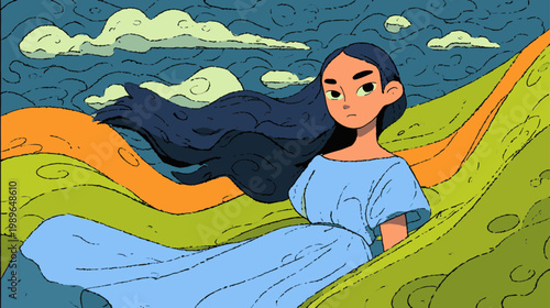 Whimsical cartoon woman in colorful landscape with bold outlines, expressive LGBTQ pride illustration celebrating identity, freedom, and individuality