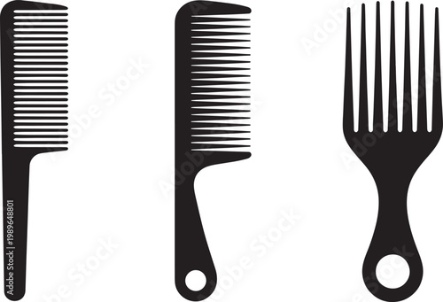 Three black silhouette hair combs and a pick on a white background hair pick