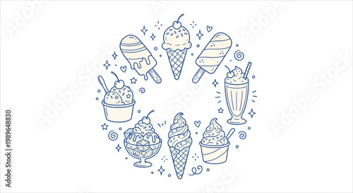 Assorted hand-drawn ice cream, sundaes, cones, and delightful frozen treats
