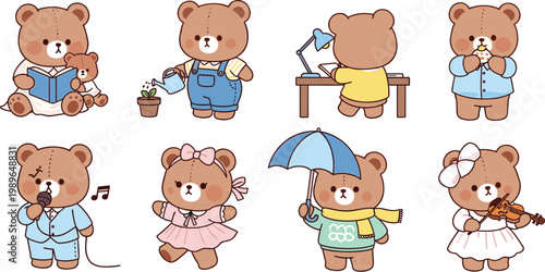 Cute teddy bear cartoon set with daily activities including reading gardening working singing dancing umbrella walking and violin illustration