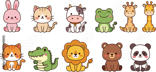 Cute baby animals cartoon set including rabbit cat cow frog giraffe lion bear panda crocodile characters for kids illustration