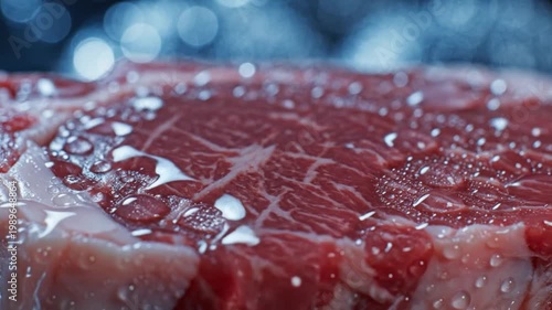 Macro close-up of water splashing on fresh raw beef steak with bokeh background