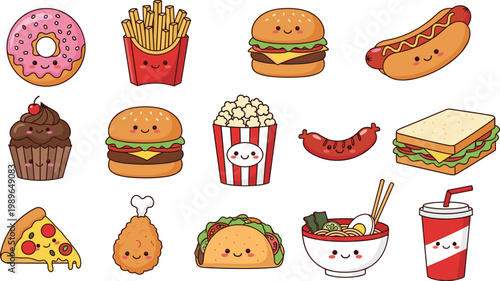 Cute kawaii fast food set including burger fries pizza hotdog popcorn donut cupcake and drinks cartoon vector illustration