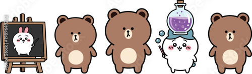 Cute teddy bear and bunny cartoon characters set with funny actions including painting magic potion and standing poses illustration