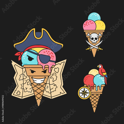 Pirate Ice Cream Cones Collection: Skull, Map, Parrot & Compass Designs