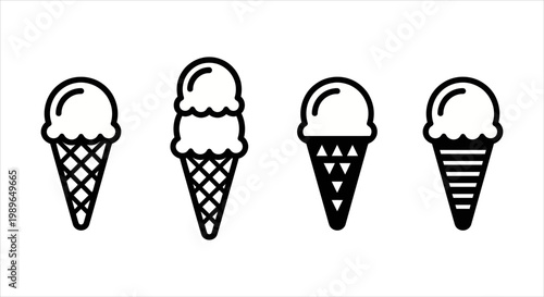 Collection of four simple and stylized ice cream cones in vector graphics