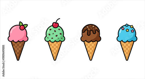 Colorful collection of sweet frozen dessert treats in waffle cones, perfect for summer