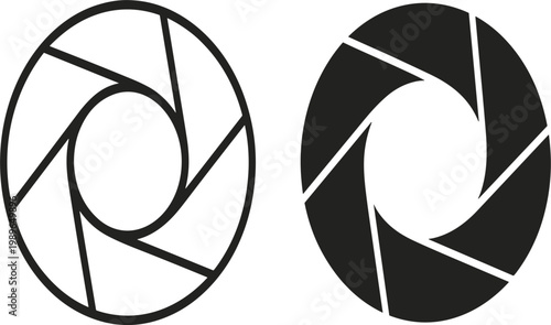 Camera aperture and lens shutter icons set, outline and silhouette vector symbols for photography and video