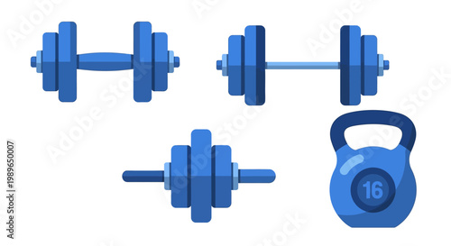 Blue Dumbbells and Kettlebell Set for Fitness and Weightlifting