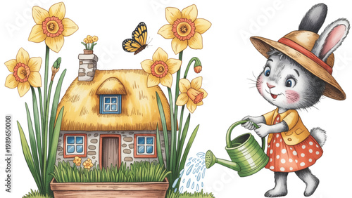 Whimsical watercolor cottage illustration with thatched roof daffodils blooming garden butterfly and cute bunny character watering plants in countryside scene