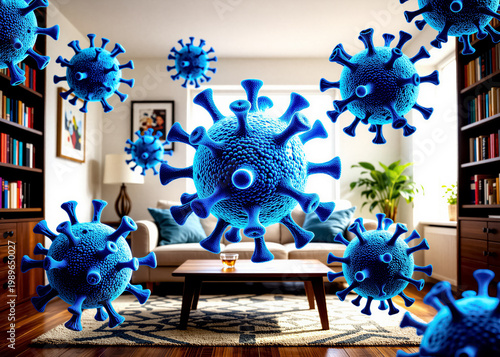 Abstract illustration of blue virus particles floating in a modern living room with furniture and bookshelves